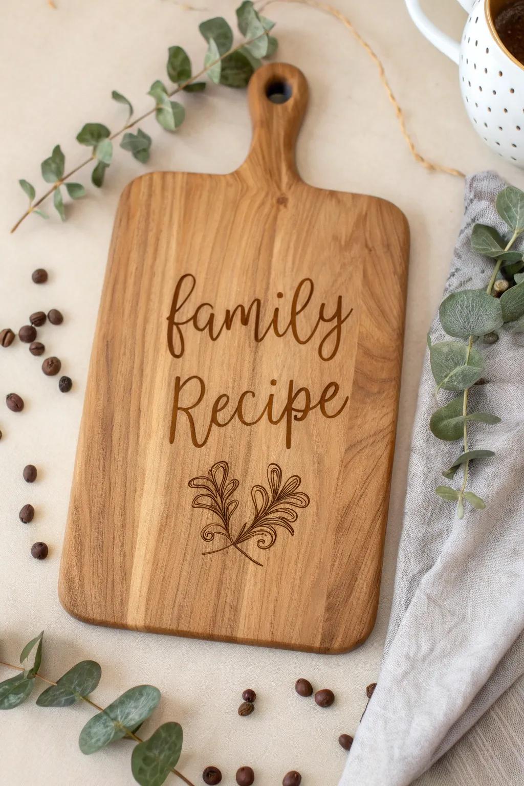 Preserve memories with a touch of elegance: Display your cherished family recipes on a handcrafted cutting board.