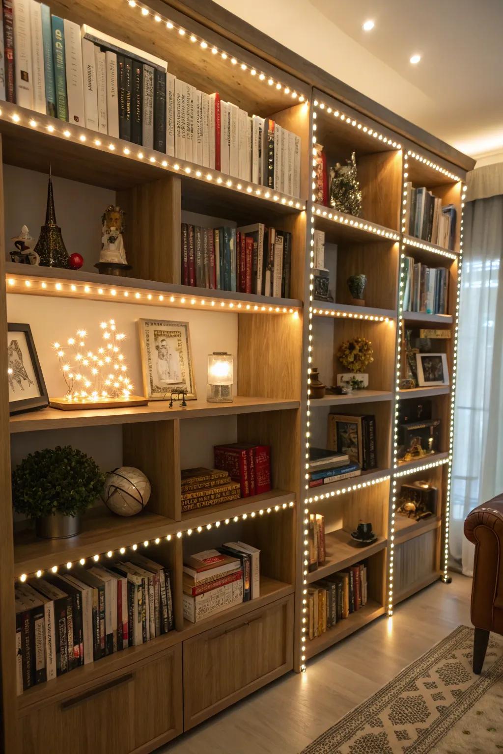 LED strips illuminate bookshelves, enhancing decor.