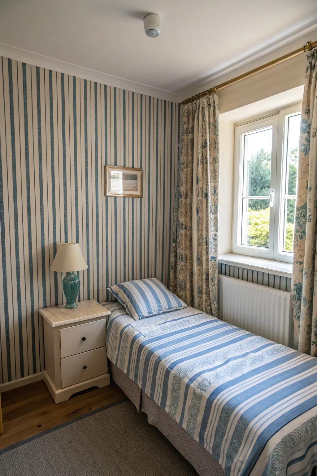 Vertical stripes create the illusion of height in a small bedroom.