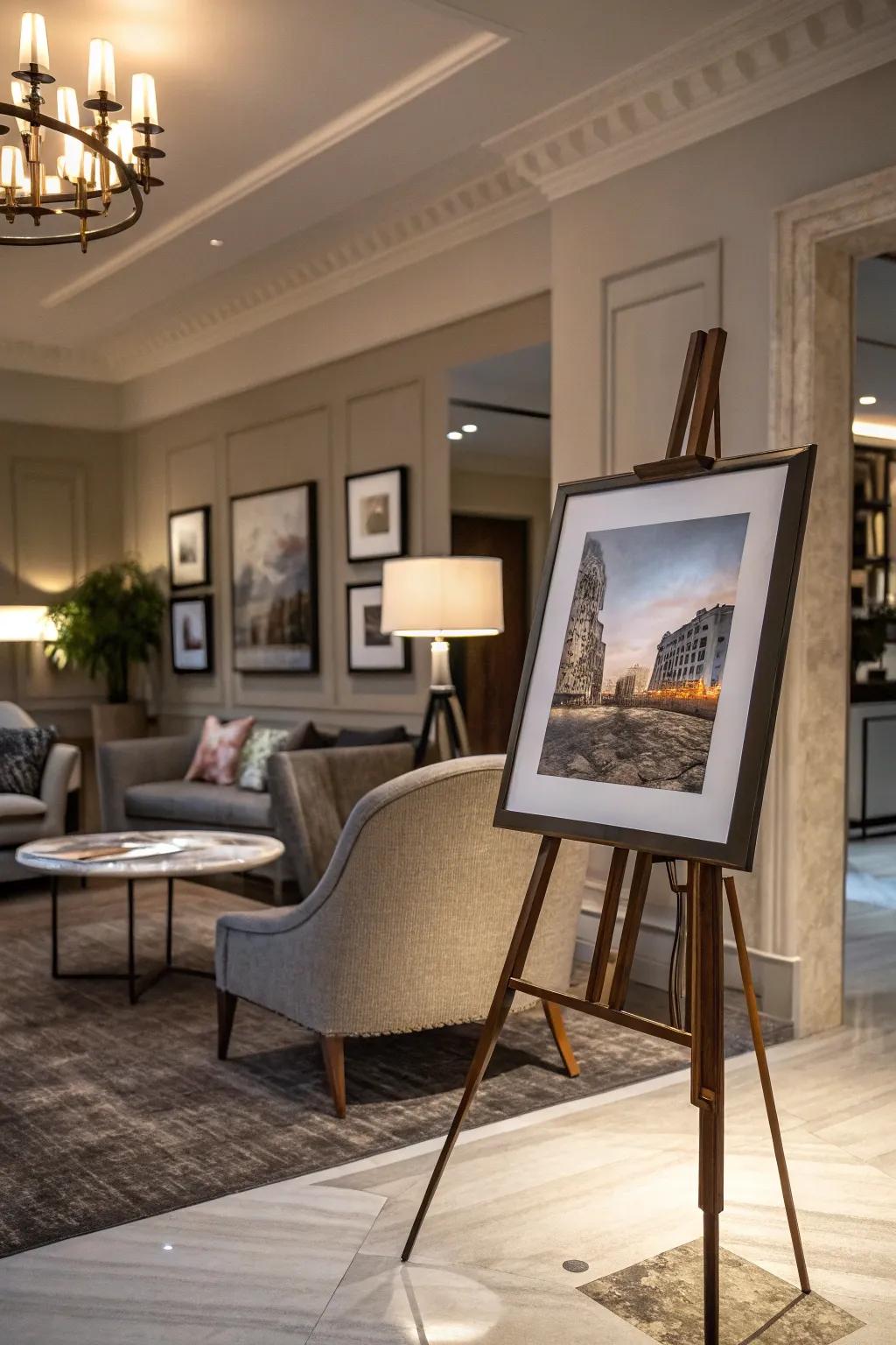 Art displayed on easels for a gallery vibe at home.