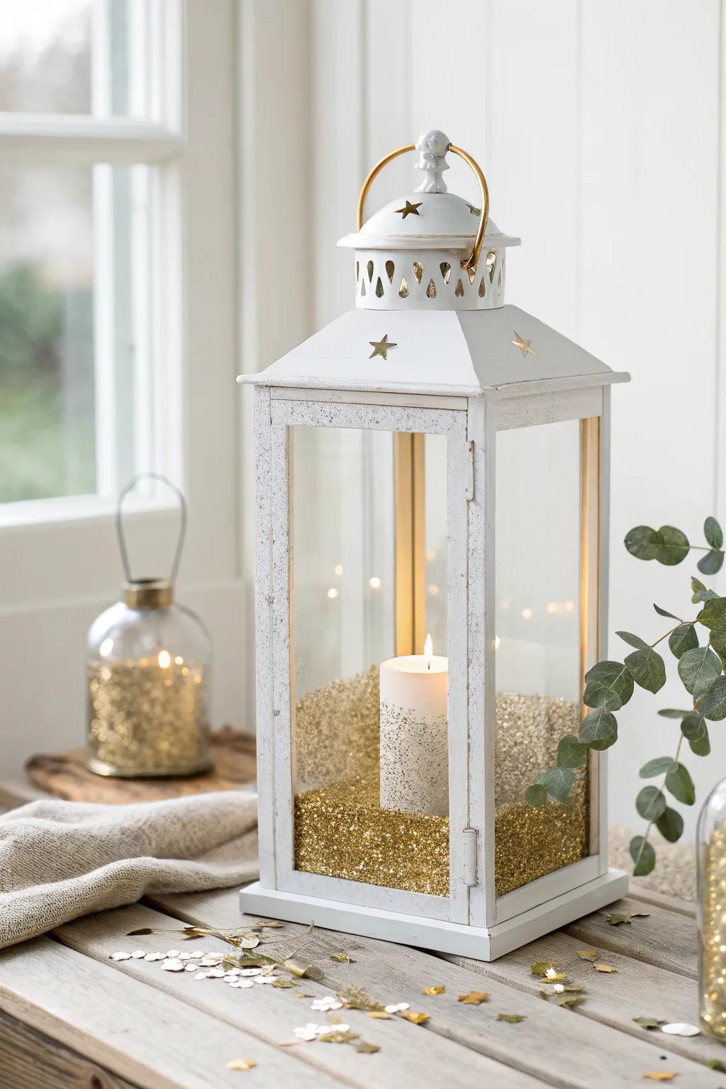 Add a sparkle to your dinner setting with a handcrafted glitter table lantern.