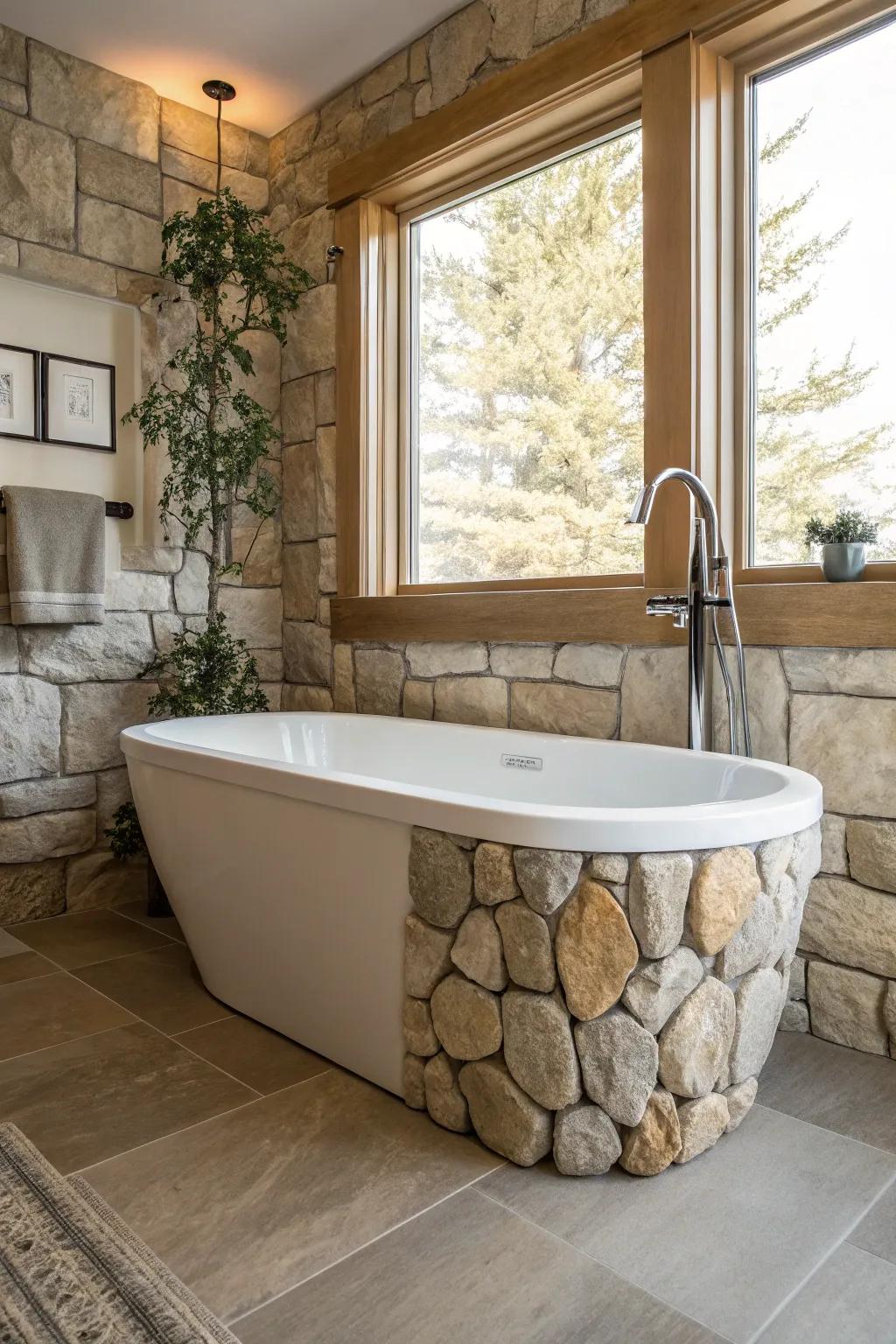Transform your bathroom into a serene oasis with faux stone accents around your tub for a perfect blend of rustic and modern vibes.
