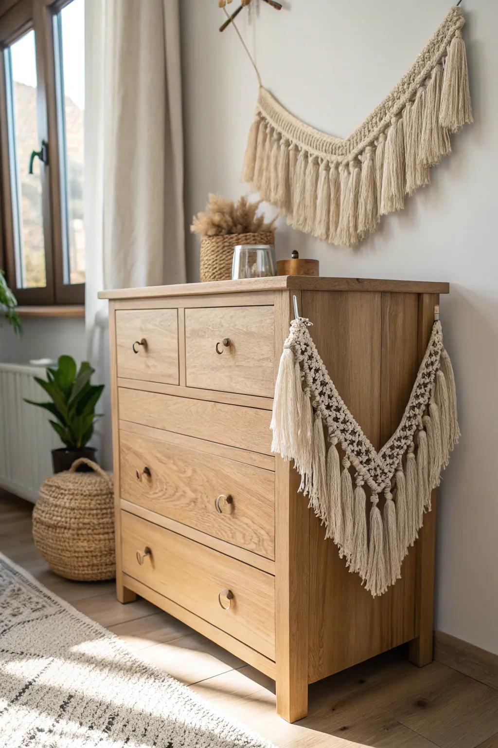 Tassel and Fringe Fun: Elevate your dresser with a playful boho twist.