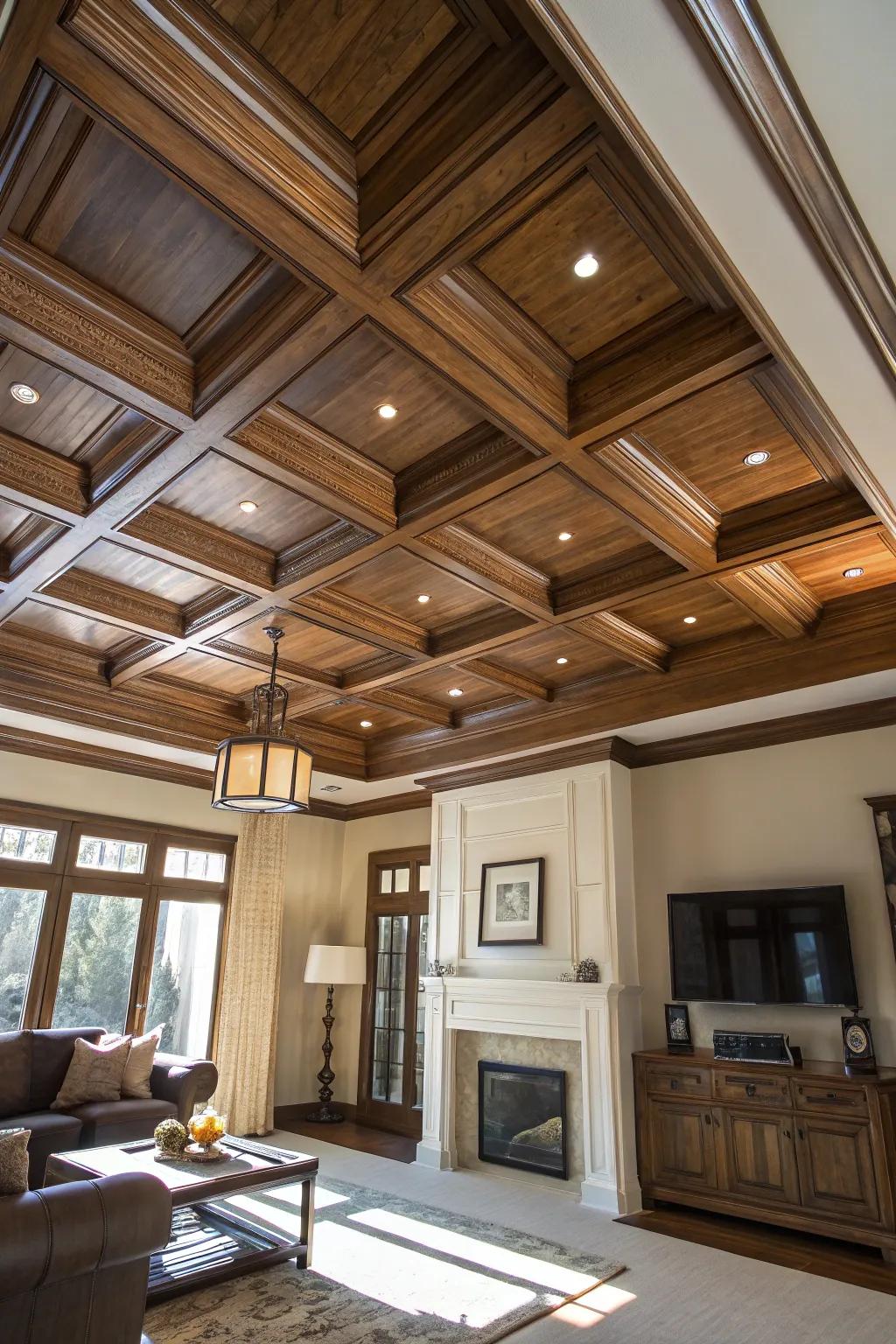 Transform your space with a coffered ceiling that elegantly embraces natural light.