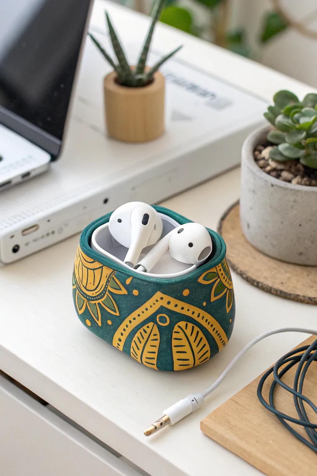Add a touch of artistry to your workspace with this charming clay earphone organizer—where Scandinavian minimalism meets bohemian flair.