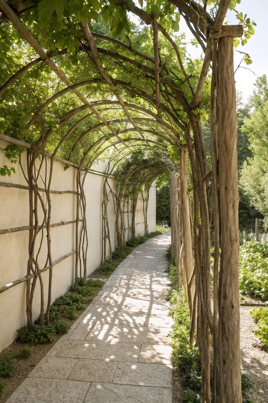 Embrace nature's artistry with a rustic tree branch trellis—where simplicity meets elegance in your garden.
