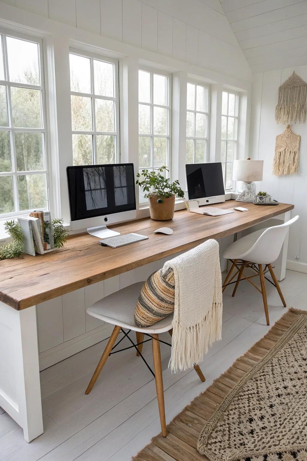 Elevate your home office with a minimalist dual workstation desk that beautifully combines Scandinavian simplicity with Boho charm.