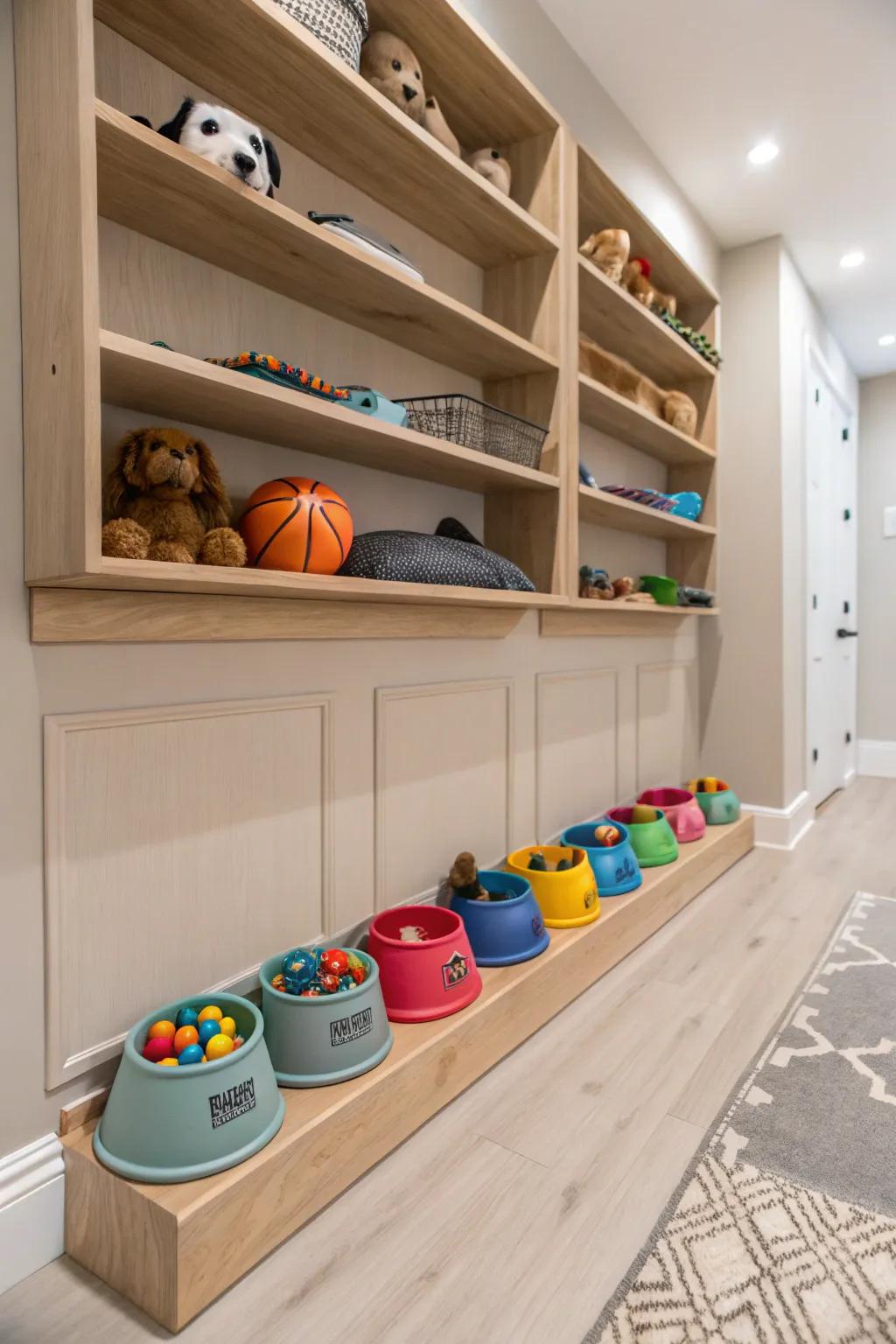 Elevate your dog's space with chic wall-mounted toy storage that combines style and function seamlessly.