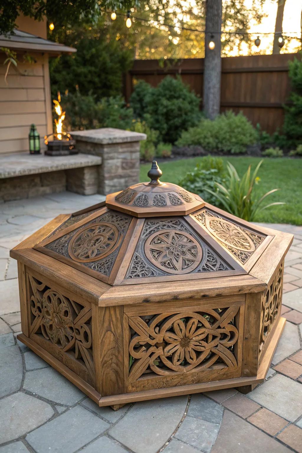 Elevate your outdoor space with an exquisite carved wood firepit cover that blends function with artistry.
