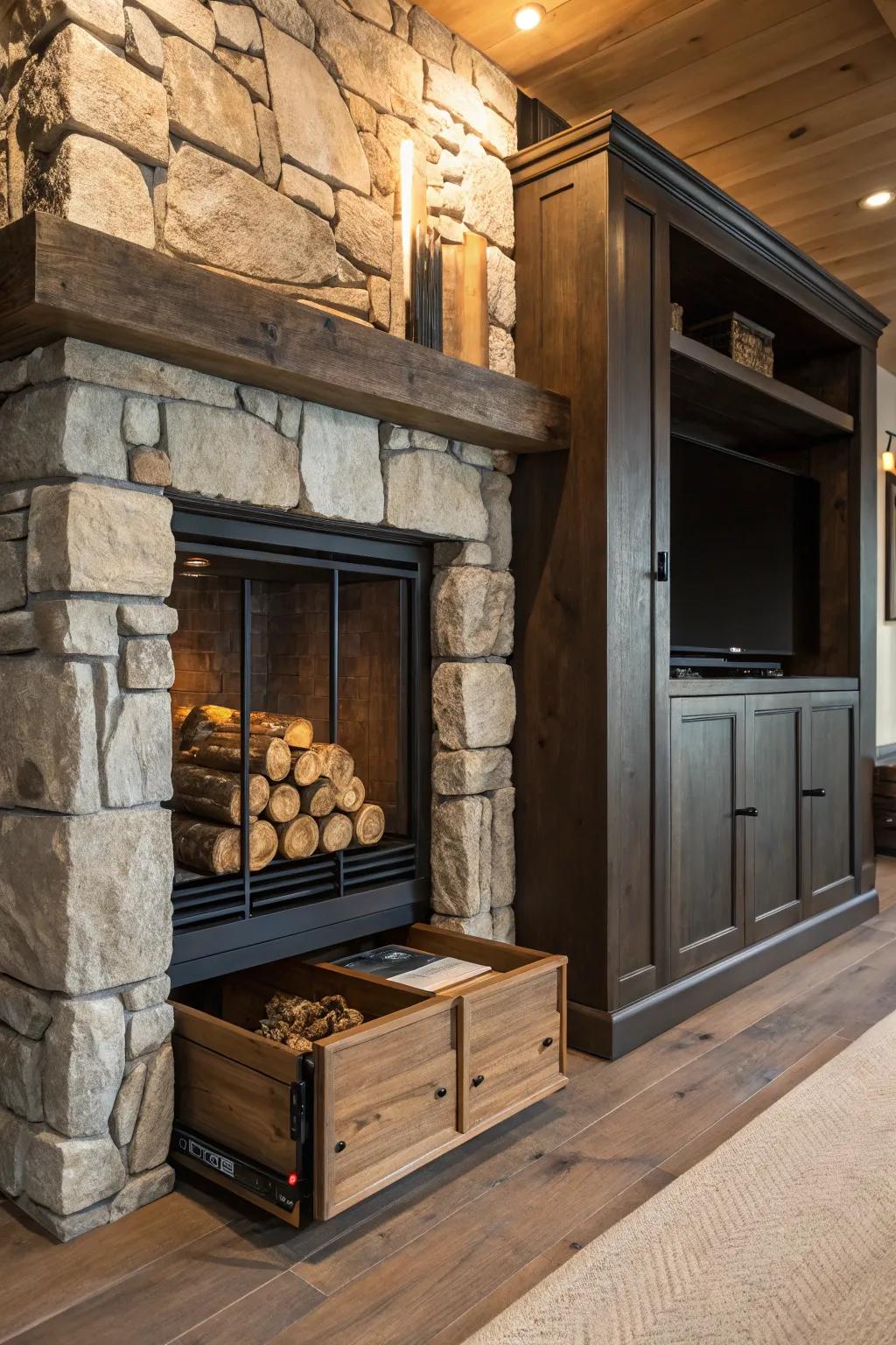 Discover the perfect blend of style and function with a hidden storage fireplace that keeps your space tidy and sophisticated.