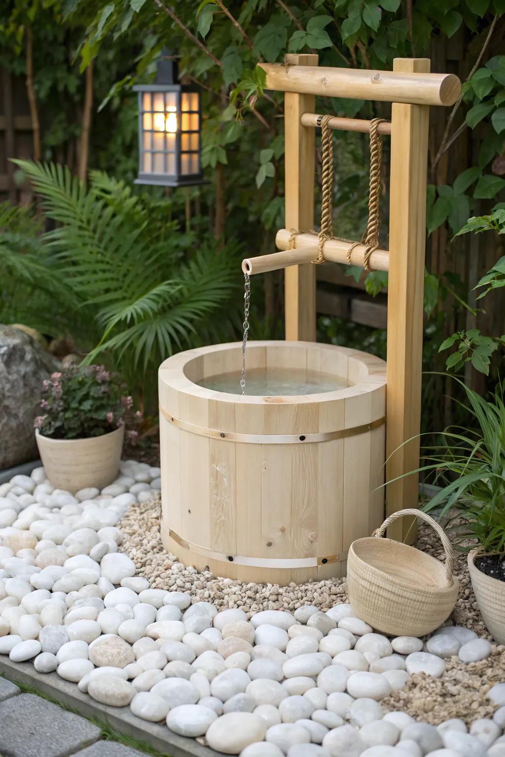 Transform your garden into a zen retreat with this beautifully crafted wishing well centerpiece.
