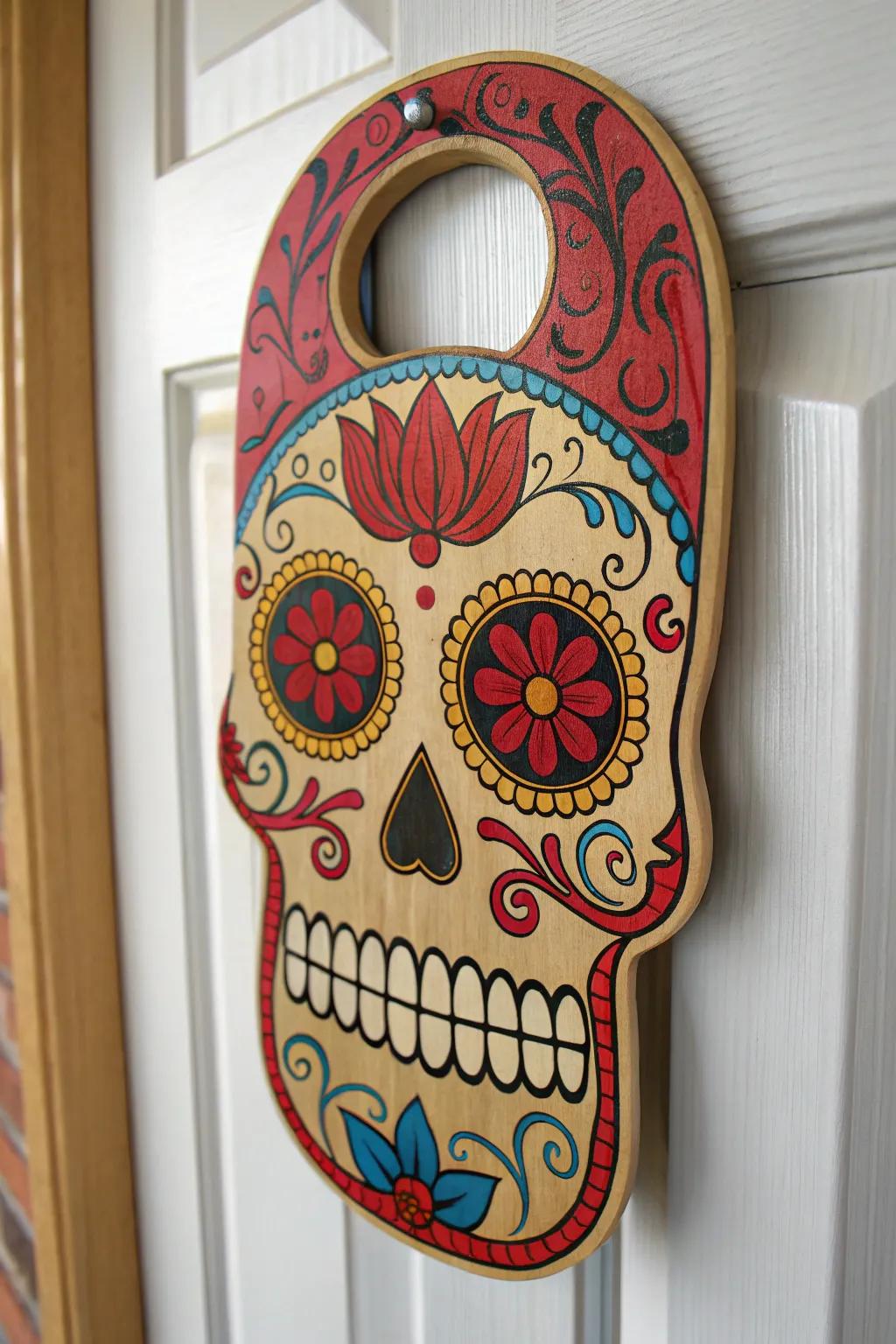 Bring cultural flair to your Halloween decor with a vibrant sugar skull door hanger, blending minimalist style with boho charm.