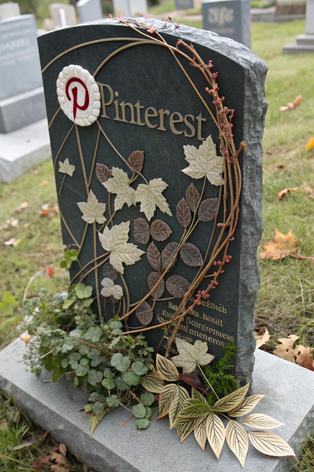 Nature's Touch: Elevate your DIY headstone with the timeless beauty of leaves and twigs.