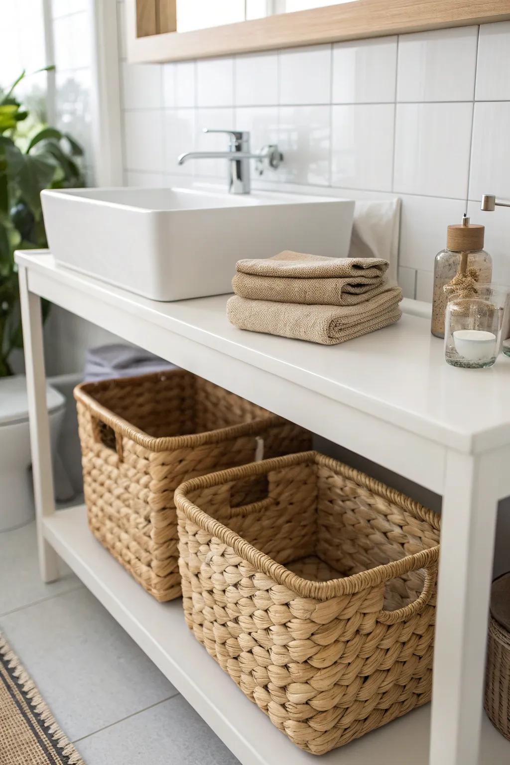 Maximize your space with stylish under-sink baskets—where functionality meets minimalist boho charm.