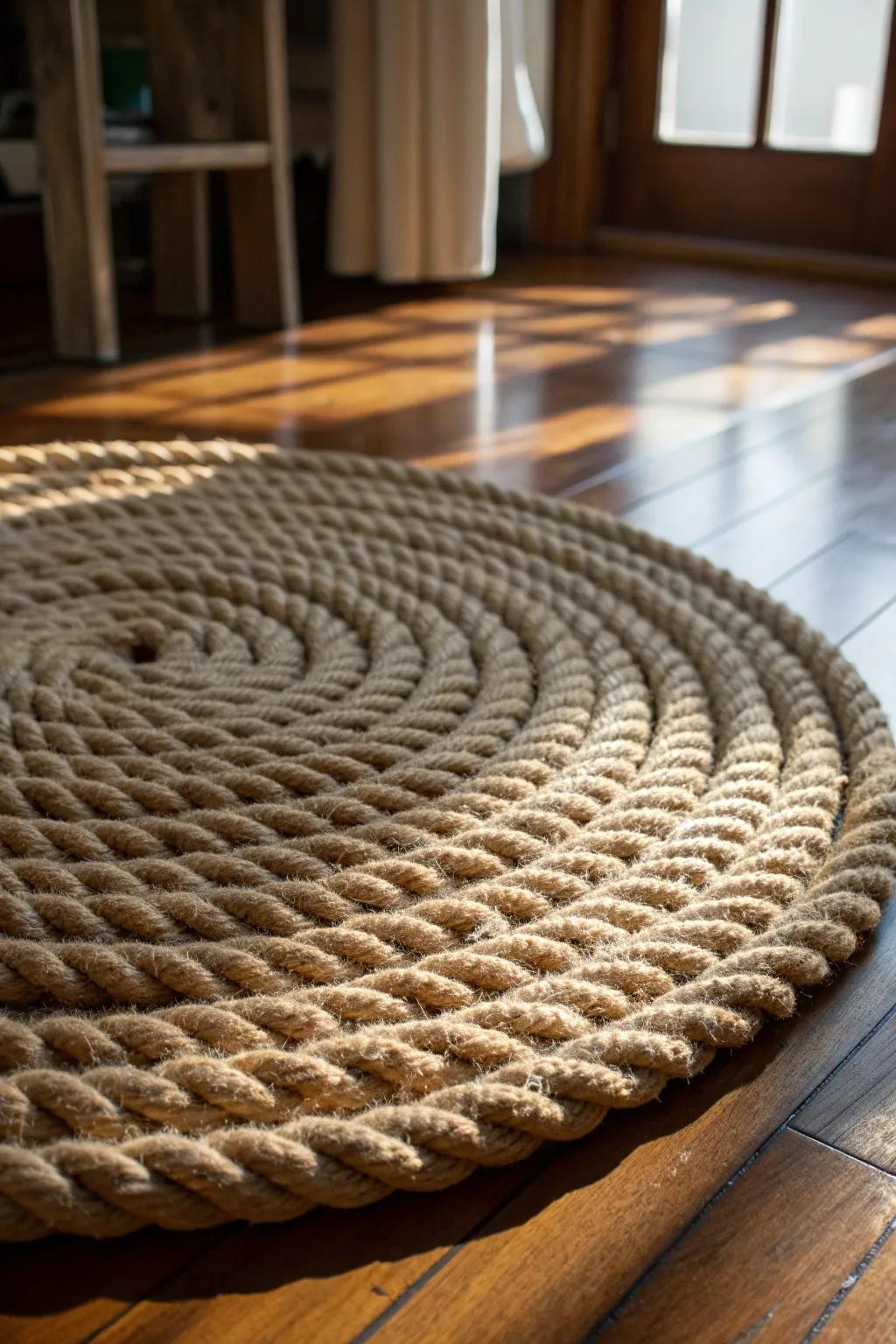 Step into comfort with this handcrafted nautical rope rug, where every coil tells a story of craftsmanship.