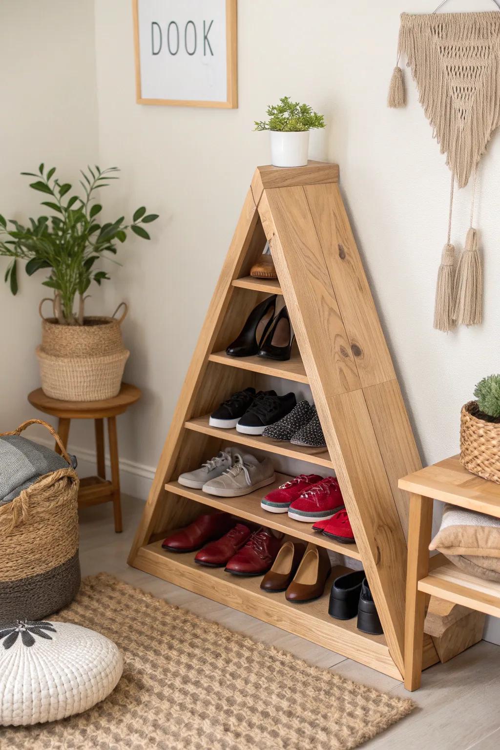 Transform your corners into a stylish shoe haven with this innovative triangular rack.