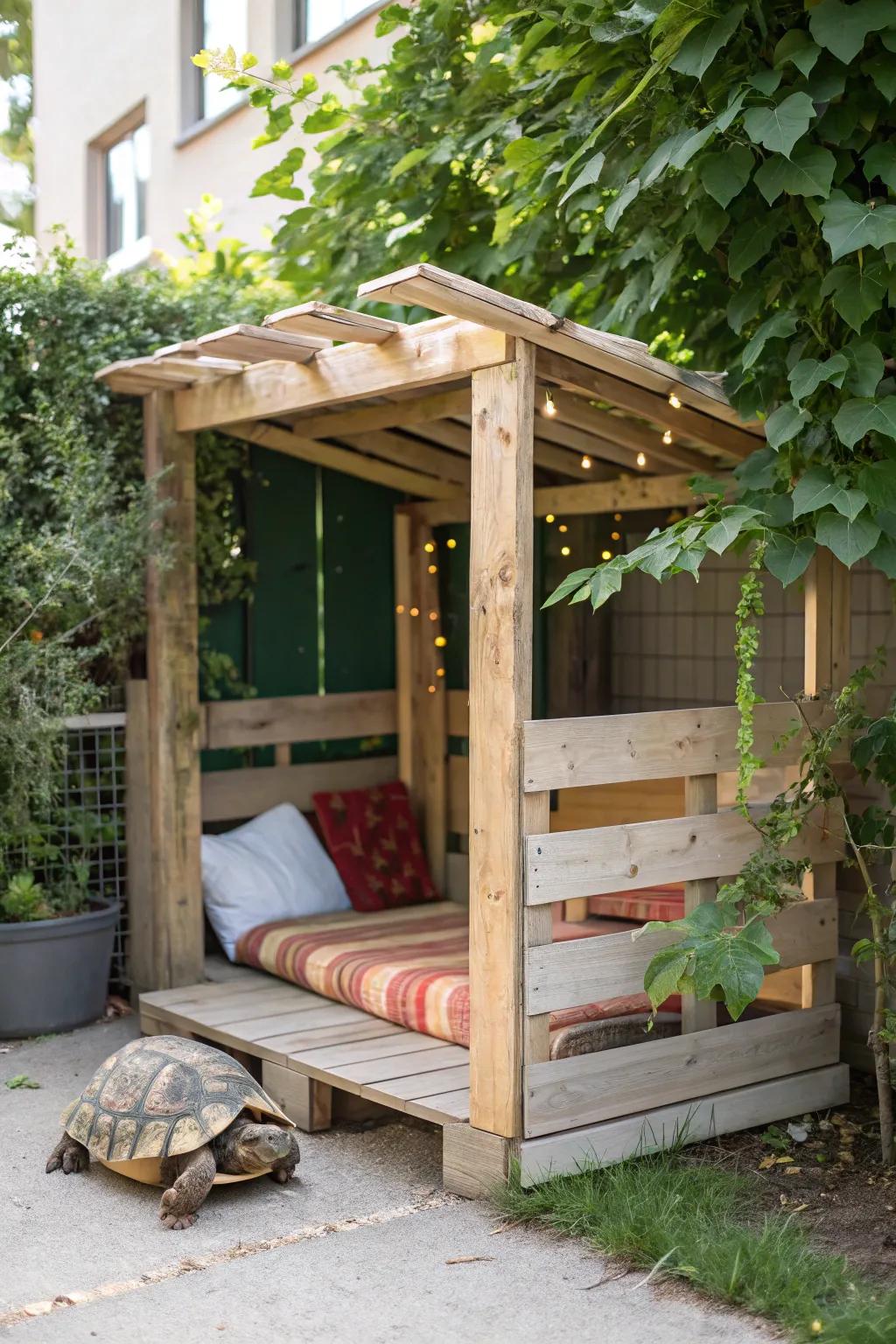 Craft your own cozy retreat: A minimalist sun shelter for your tortoise, blending natural beauty and recycled elegance.