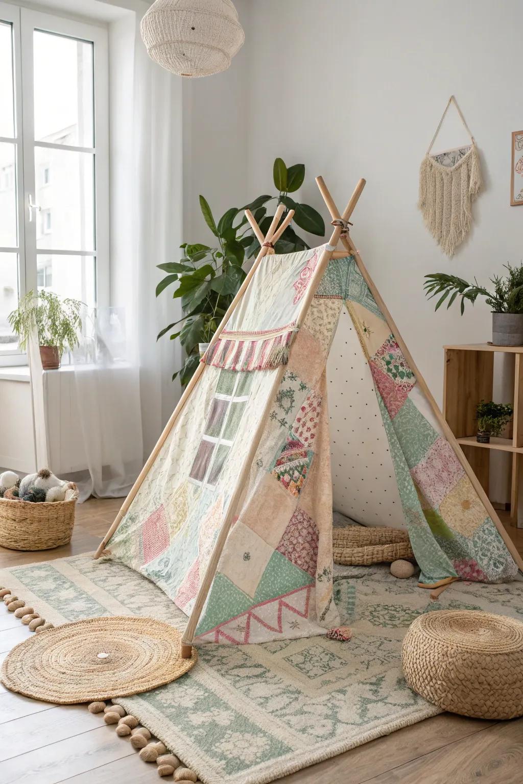 Create a cozy retreat with a vintage quilt tent, where every patch tells a story.