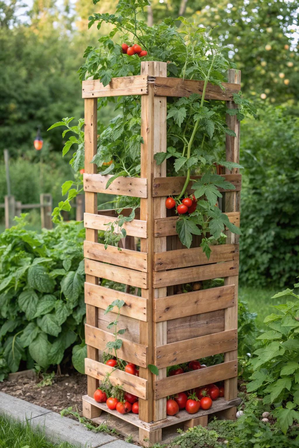 Elevate your garden's charm with a rustic pallet tomato cage, where simplicity meets beauty.