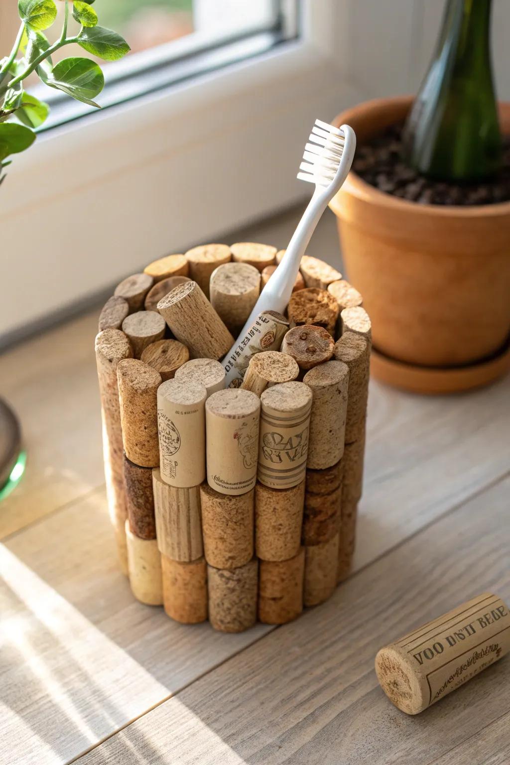 Transform your memories into a charming, handcrafted toothbrush holder with upcycled wine corks!