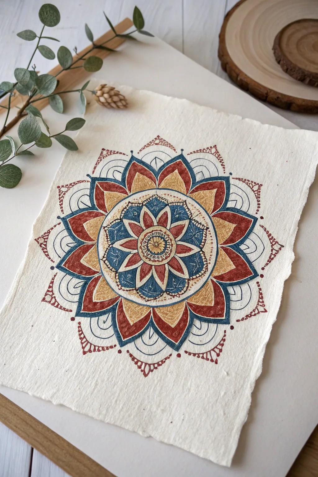 Find your zen with this mesmerizing mandala, where bold colors and intricate patterns meet minimalist elegance.