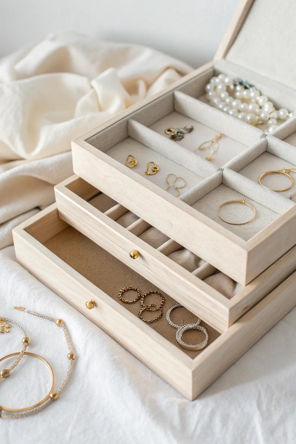 Discover the art of organization with this elegant layered box—perfectly designed to showcase and protect your cherished earrings.