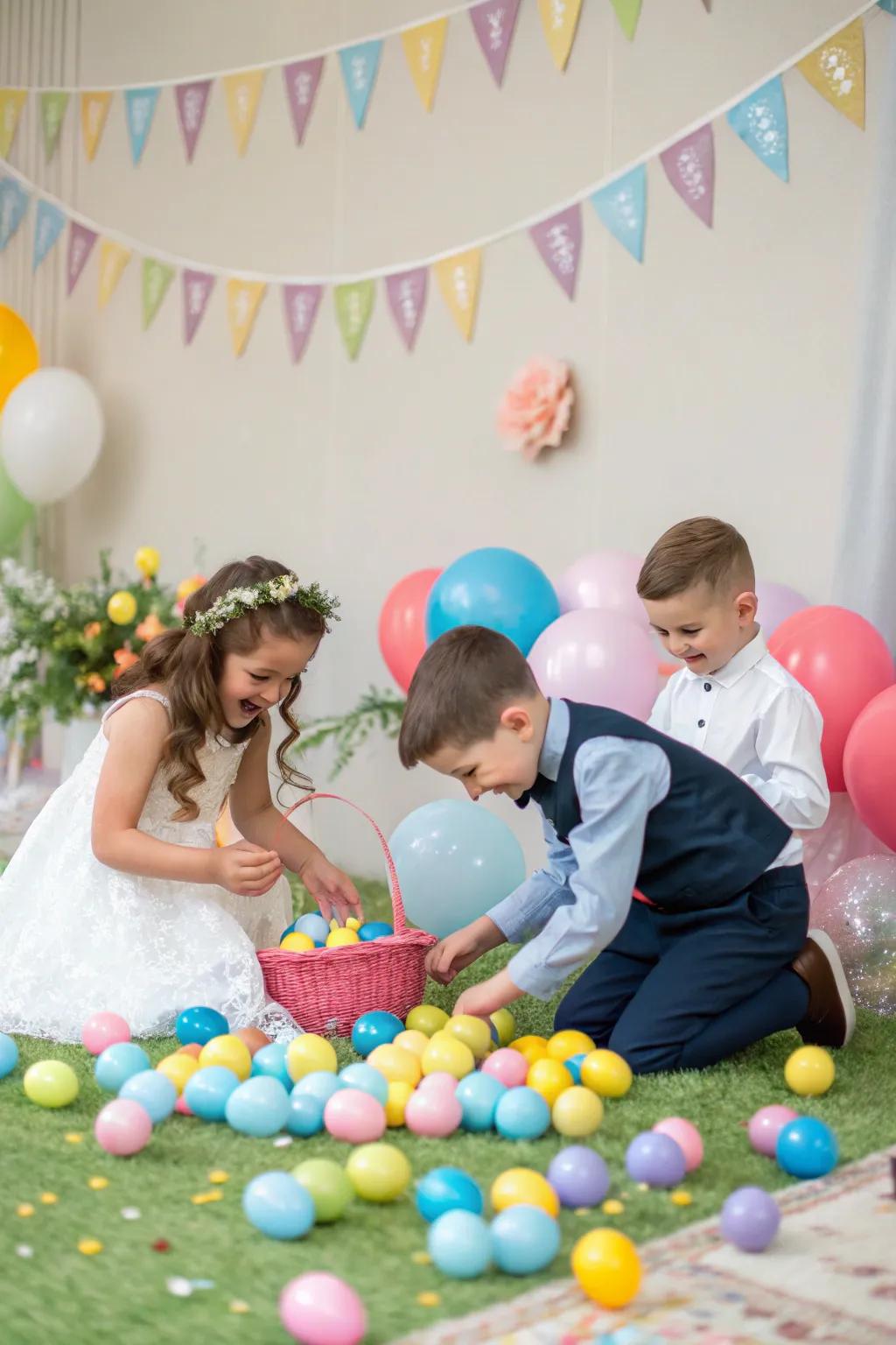 A kids' corner at a wedding featuring Easter egg decorating and a mini egg hunt.