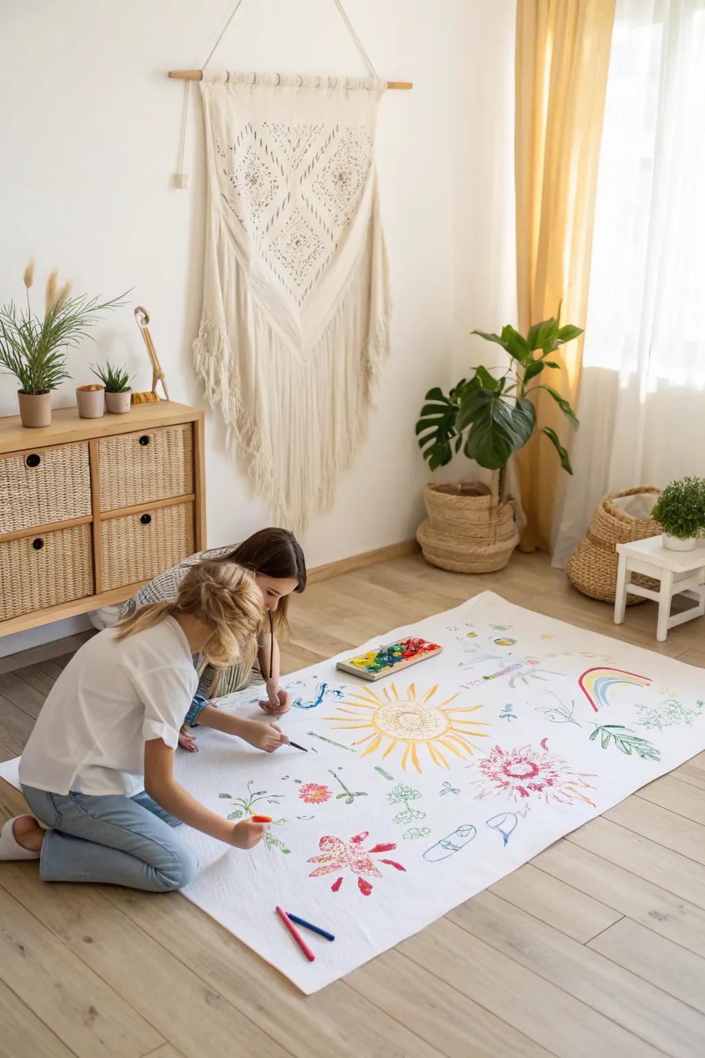 Unleash creativity together: a colorful canvas masterpiece created by little artists!