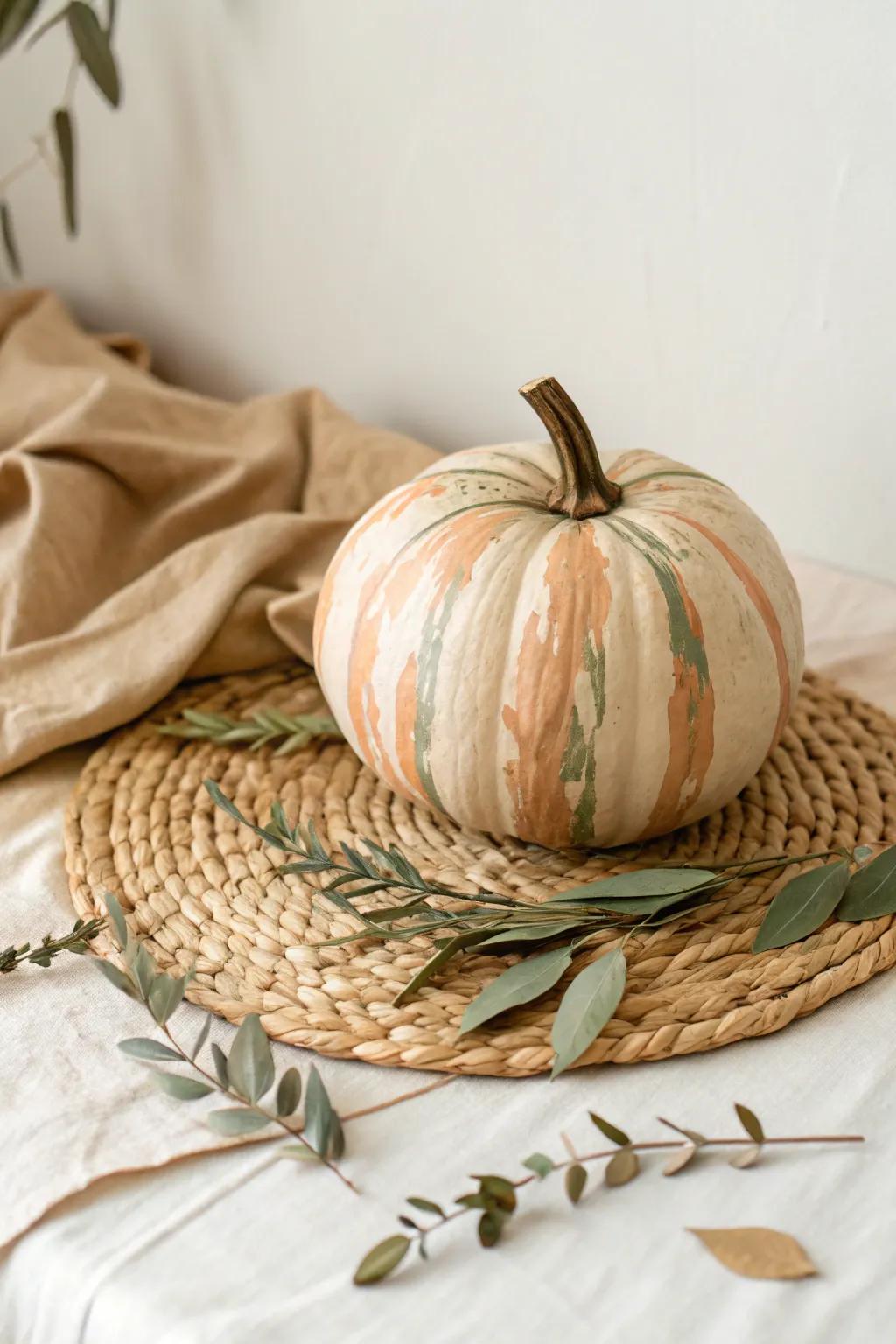Embrace autumn's warmth with a touch of artistry—painted pumpkins in earthy hues bring cozy elegance to your space.