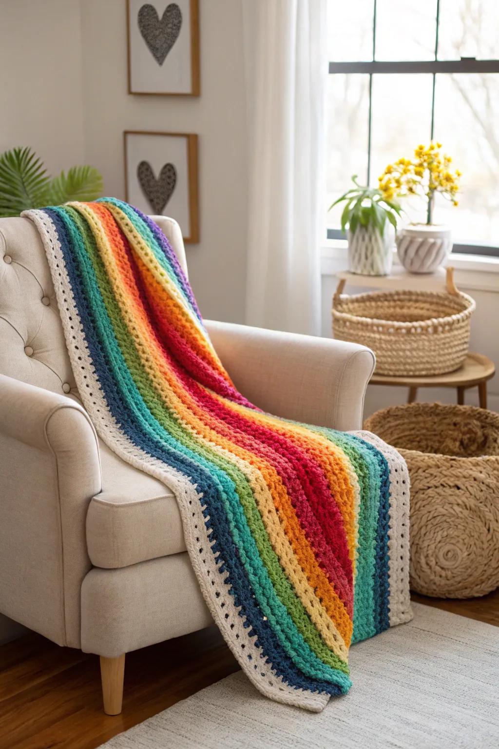 Wrap yourself in the vibrant coziness of a reversible rainbow crochet blanket, where every side is the right side!