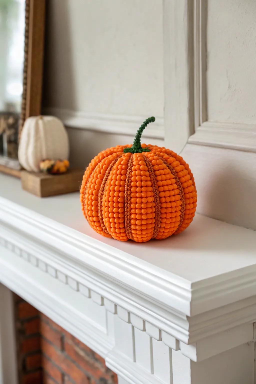 Elevate your fall decor with this charming perler bead pumpkin. 🎃✨ Perfect for adding a touch of handcrafted elegance to your mantel.