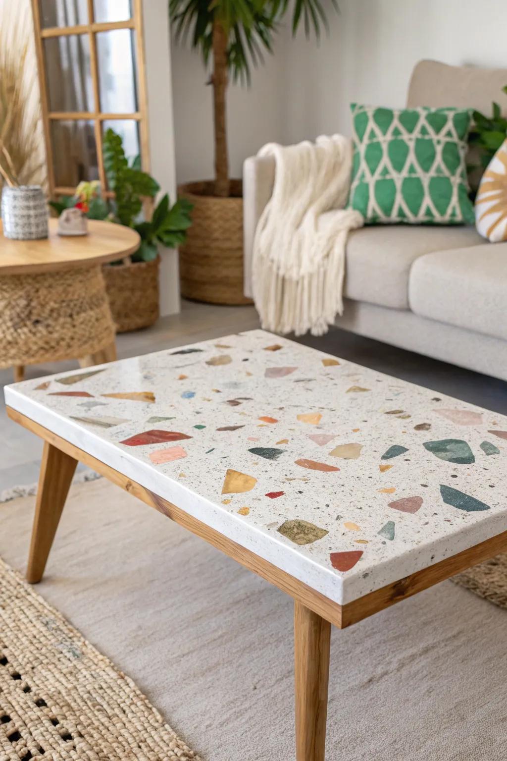 Discover the artistic charm of terrazzo with this stunning epoxy coffee table, where craftsmanship meets minimalist elegance.