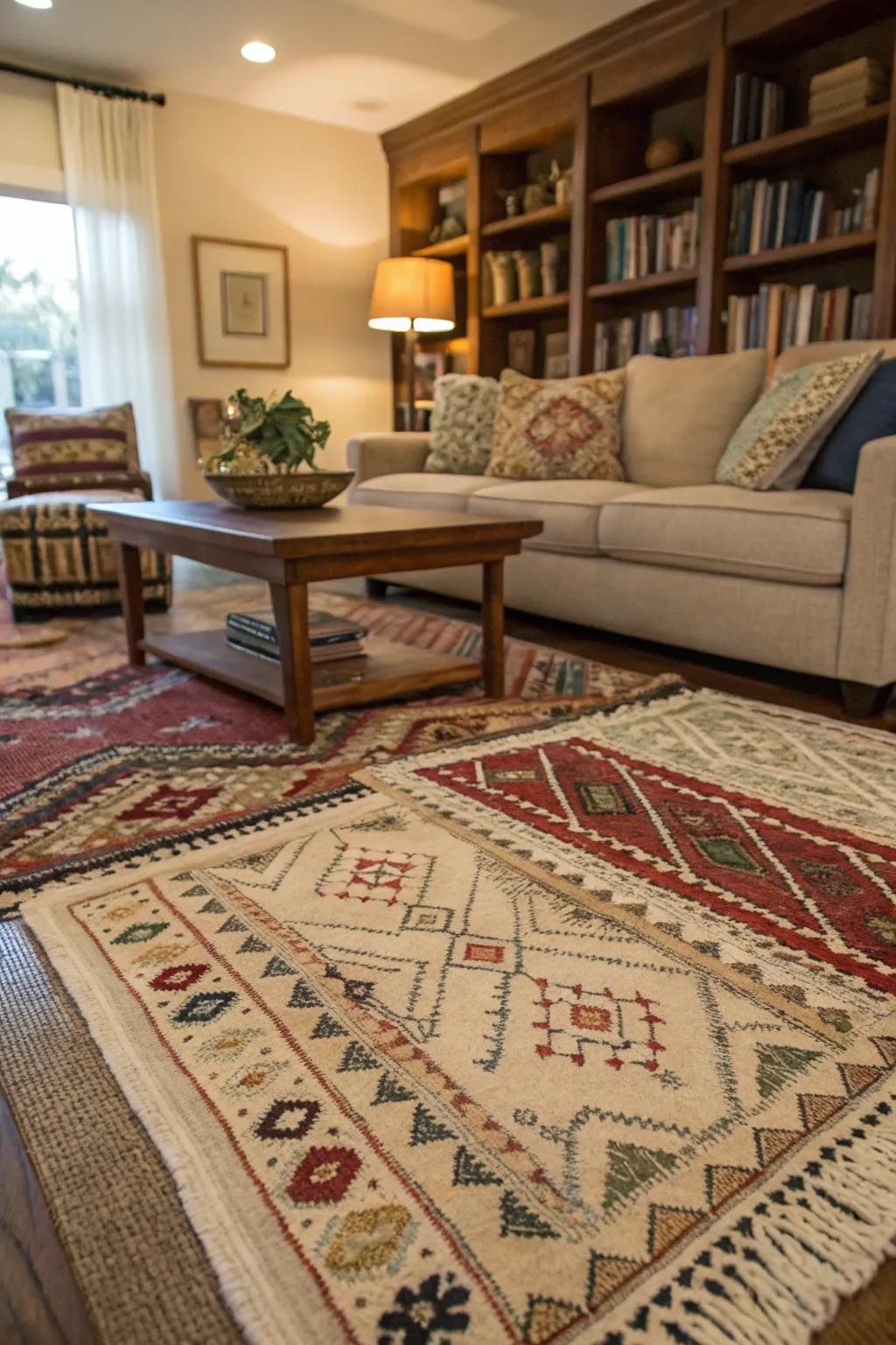 Layered rugs add depth and texture to this European-inspired living room.