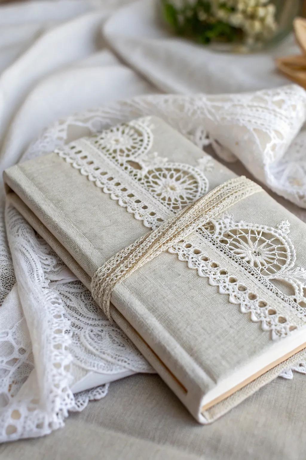 Add a romantic lace touch to your book cover for timeless elegance.