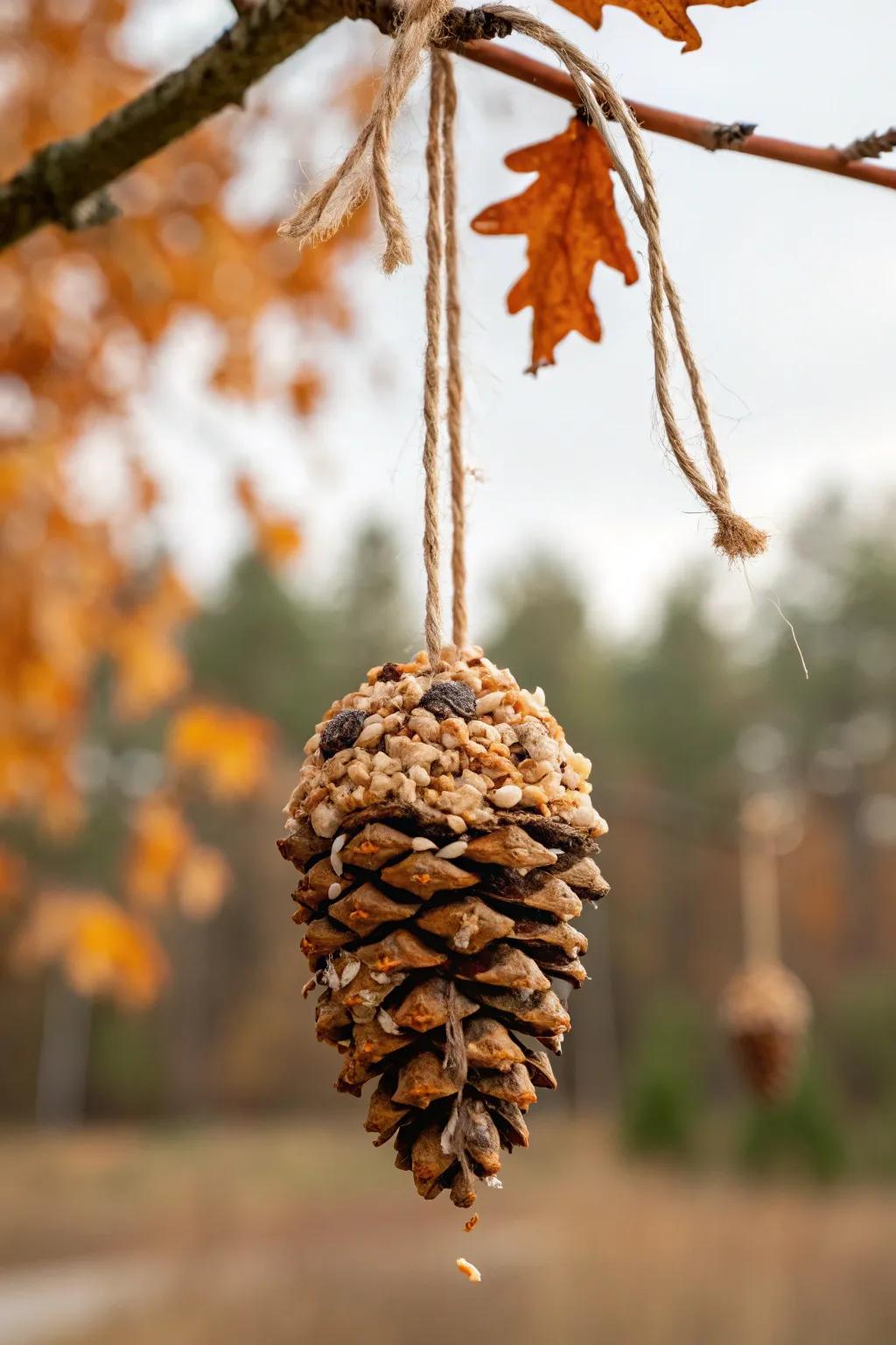 Bring nature closer with a simple pinecone bird feeder—perfect for teaching kids the beauty of giving back to our feathered friends this fall.