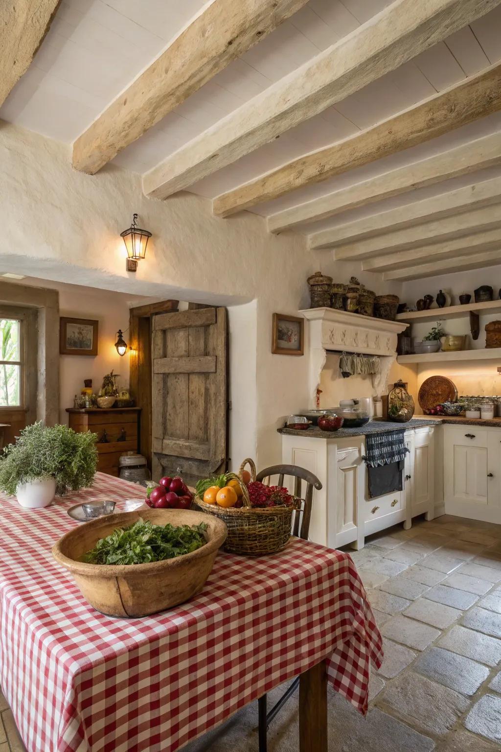 Extend the farmhouse charm with chalk-painted ceiling beams.