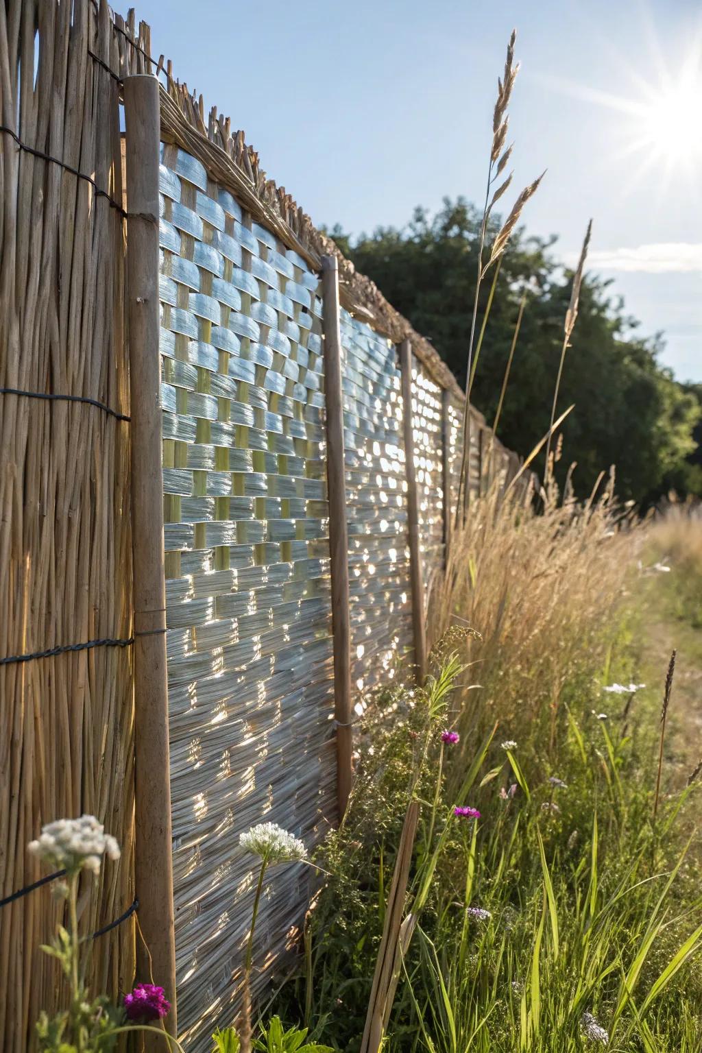 Catch the sun with dazzling fence weaving: A minimalist Boho touch for your garden oasis.