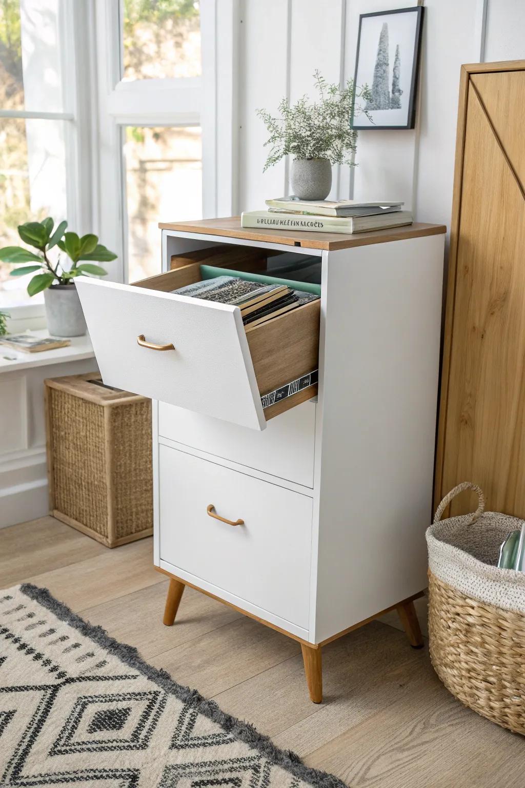 Discover the elegance of hidden storage: a minimalist file cabinet makeover with a secret compartment.