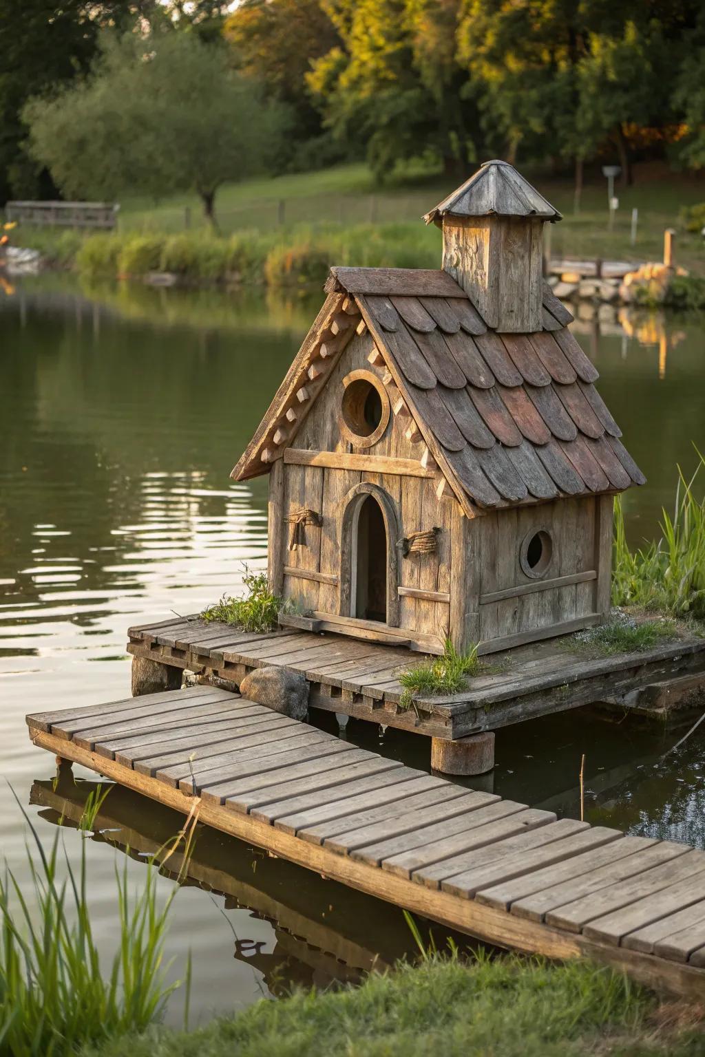 Explore tranquility with this charming floating duck house and its inviting bridge.