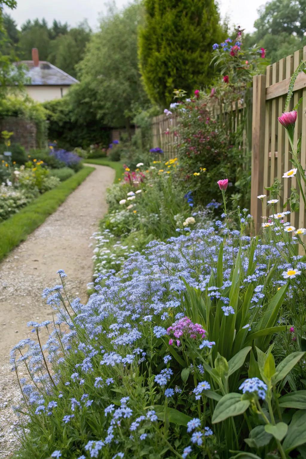 Cottage garden style with forget-me-nots offers informal charm.