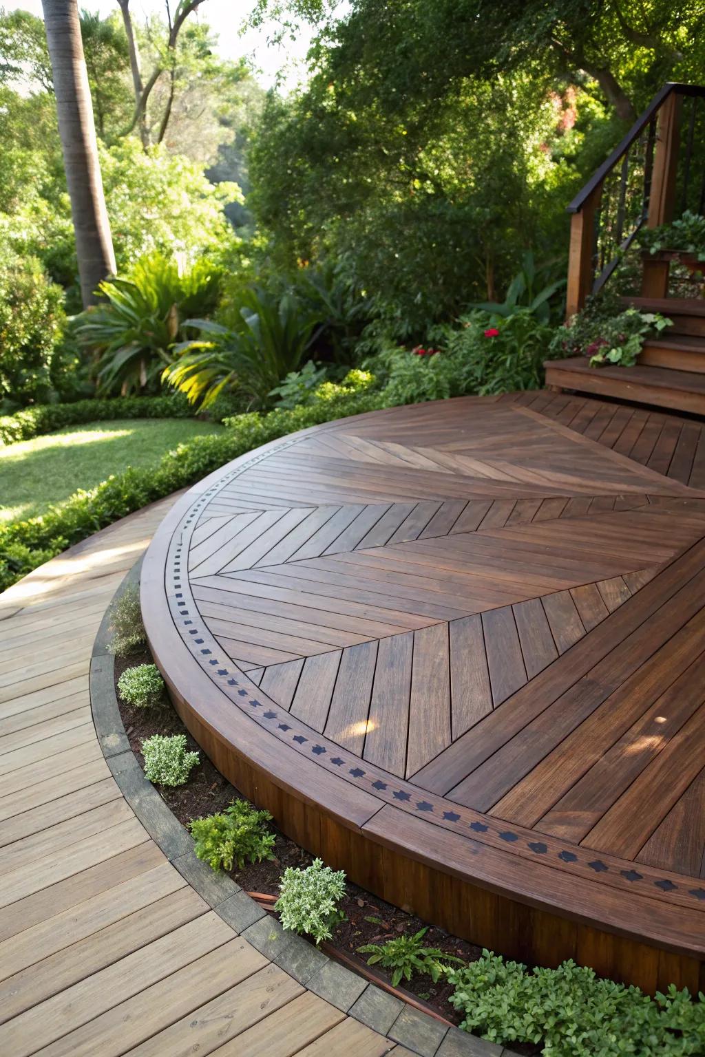 Embrace the charm of craftsmanship with this stunning circular deck design, the perfect centerpiece for any garden oasis.