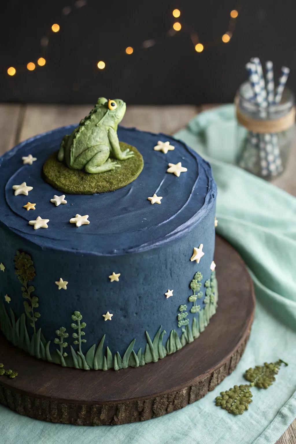 Dreamy Nights: A Scandinavian-inspired cake capturing the tranquility of a nighttime pond under a sky full of stars.