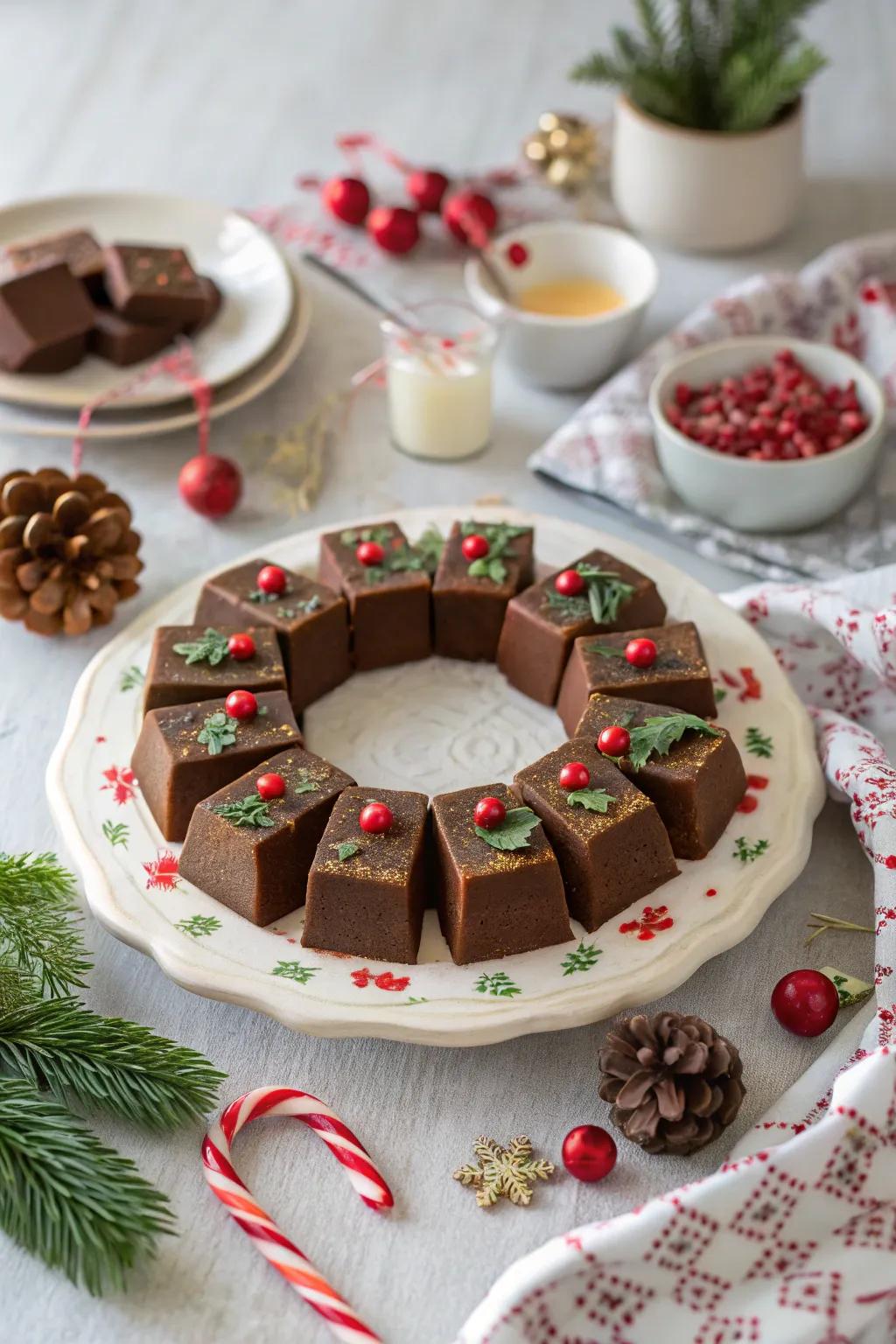 A striking fudge wreath centerpiece.