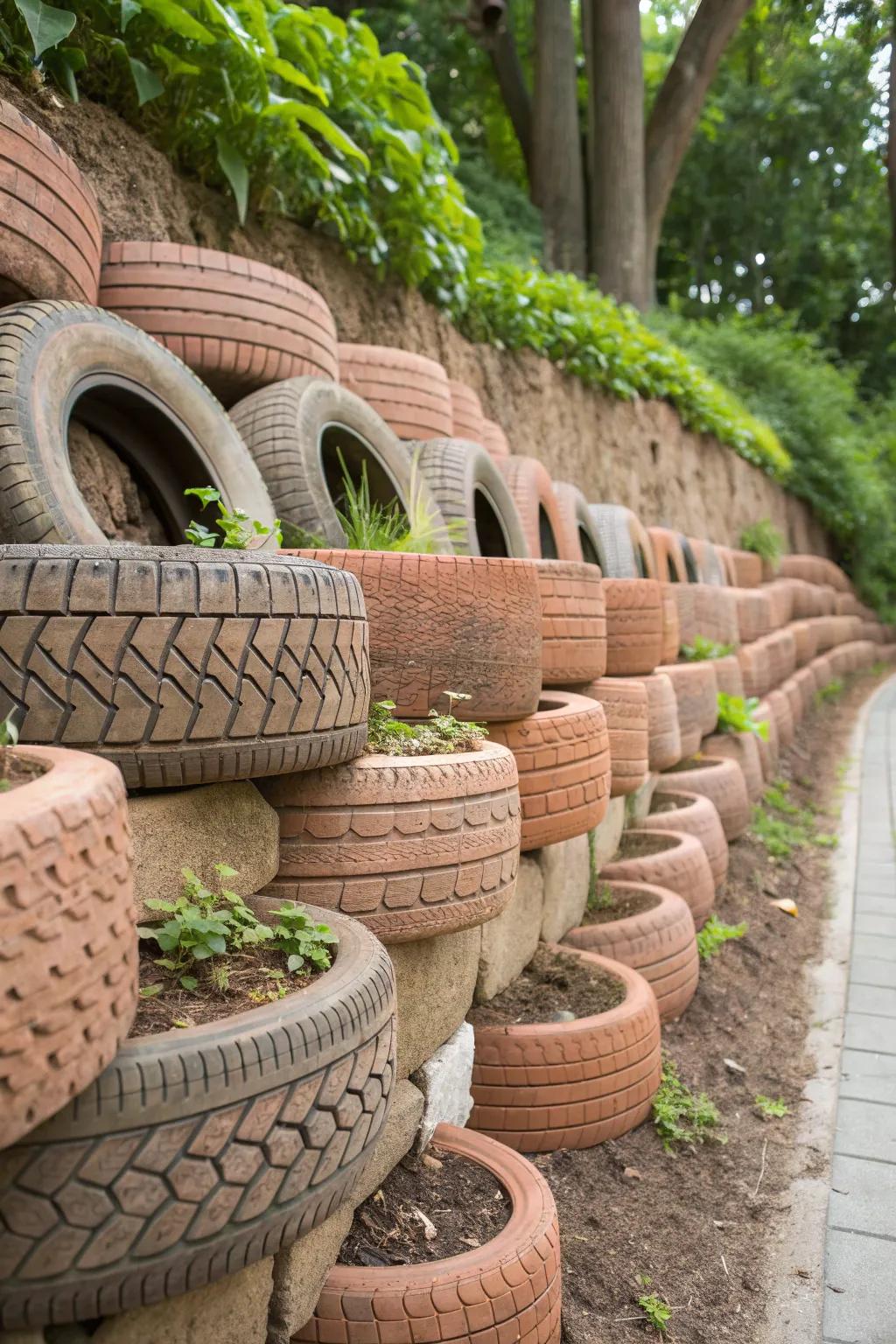 Transform your garden with a unique tire retaining wall that combines playful patterns with practical support.