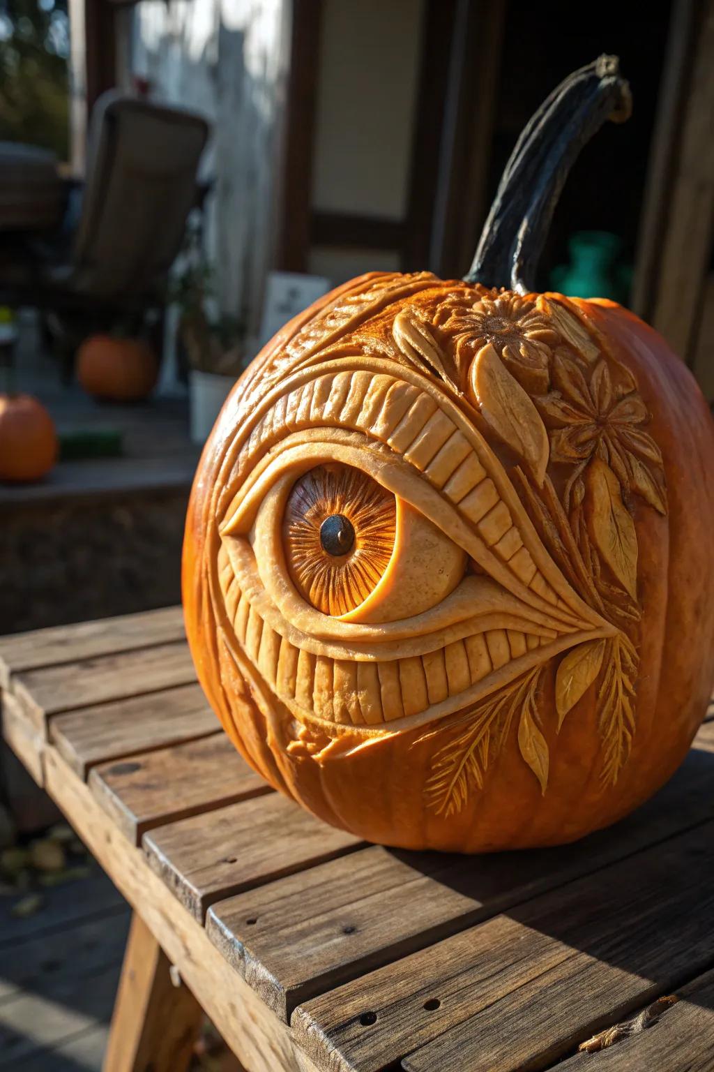Gaze into the captivating depths of this giant pumpkin eye, where craftsmanship meets creativity.