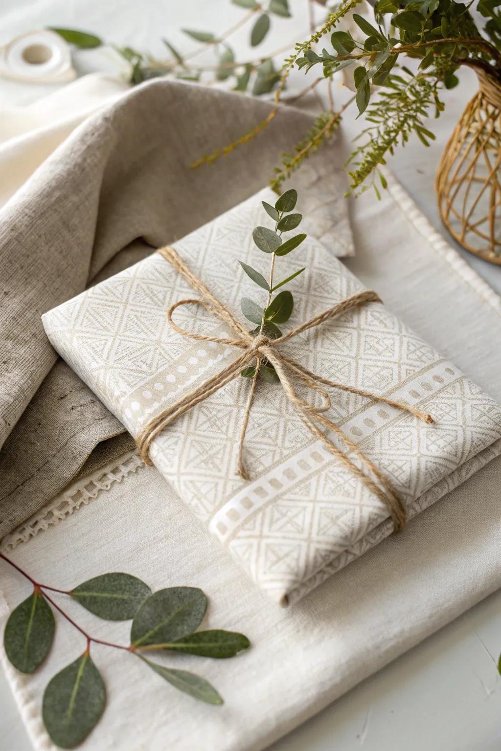 Elevate your gift-giving with a touch of elegance and practicality—wrap your presents in a beautiful linen tea towel for a chic and thoughtful presentation.