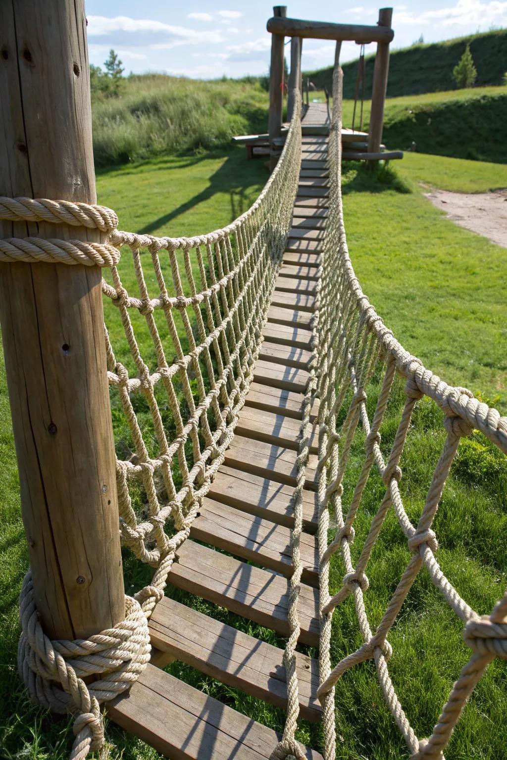 Master the art of goat playgrounds with this expertly crafted rope bridge, perfect for adventurous climbs.