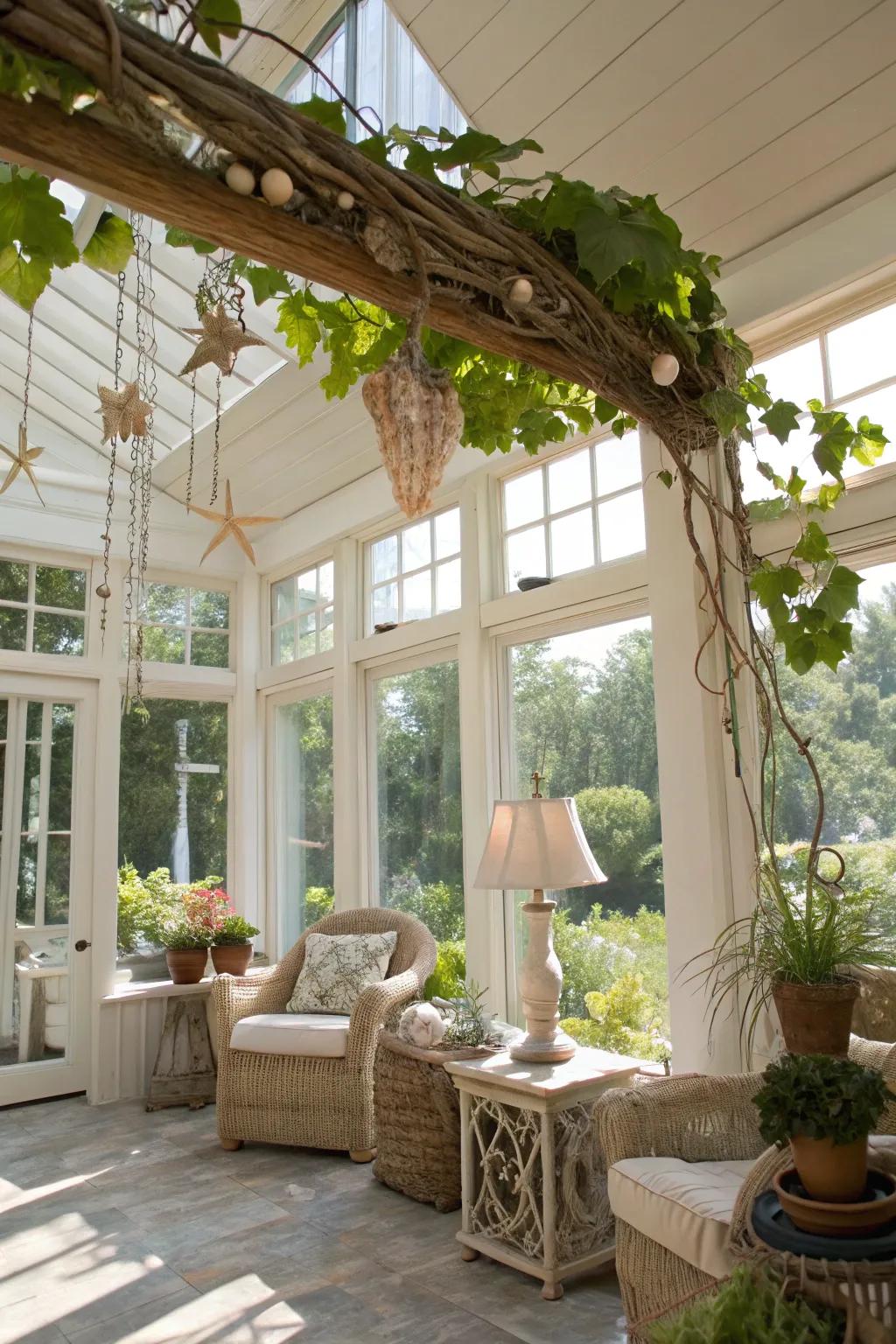 A coastal-inspired grapevine swag brings serenity to a sunroom.