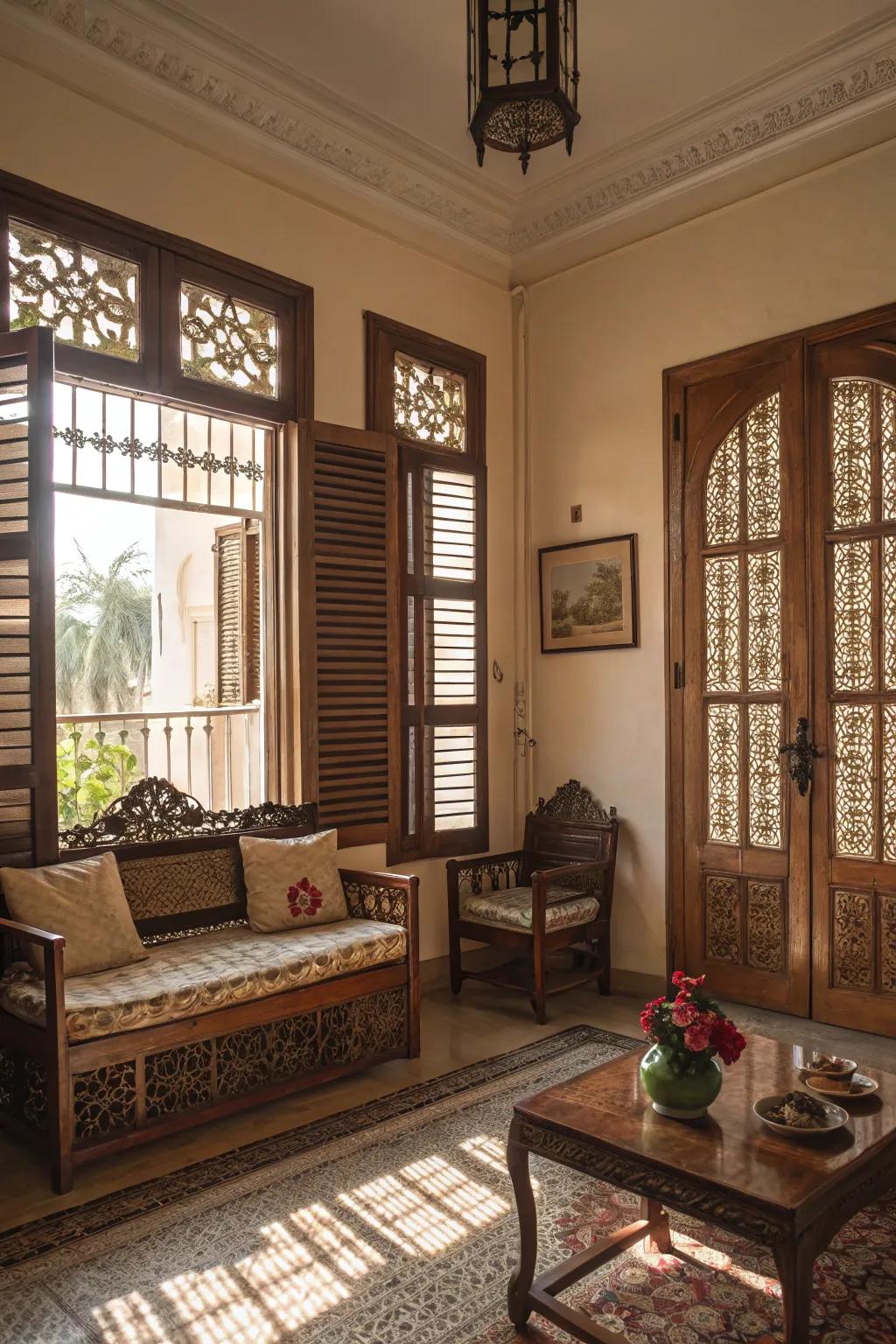 Classic shutters provide privacy and style in this traditional living room.