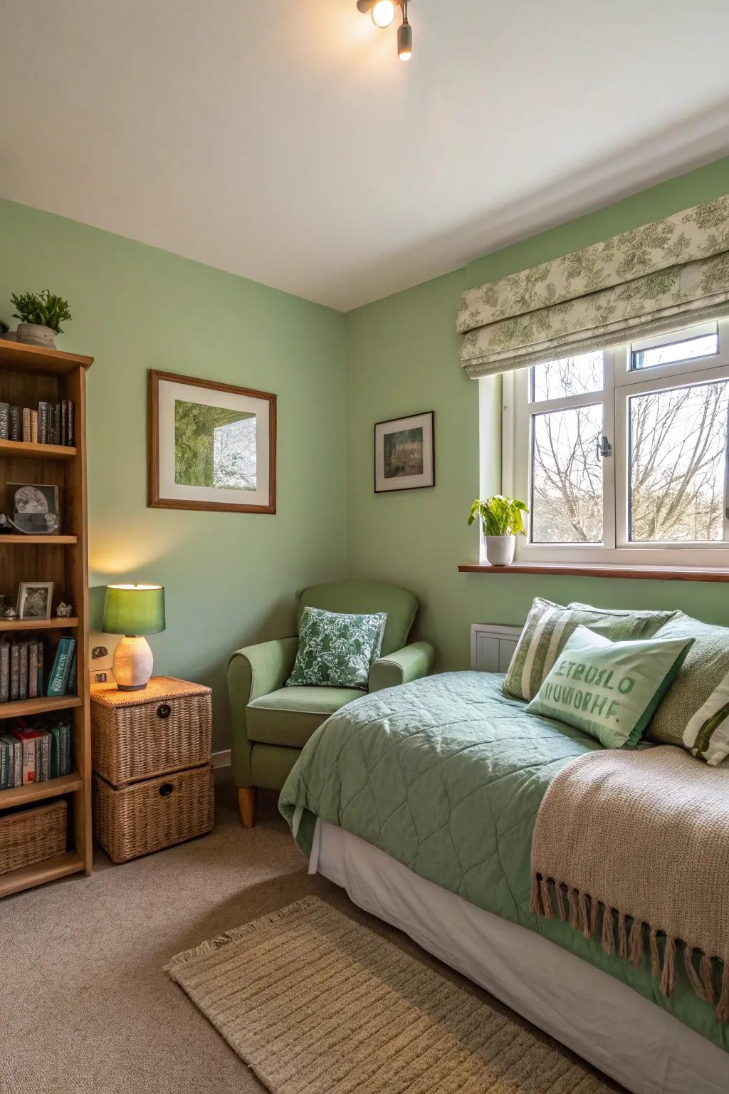 A small bedroom enhanced by subtle green accents for a cozy vibe.